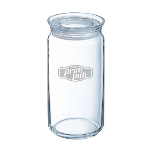Glass mit Deckel 1,5 Liter mit eingraviertem PrintPub-Logo auf der Vorderseite, transparentes Vorratsglas mit Gravur.
