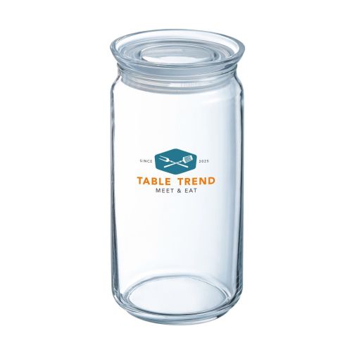 Glass mit Deckel 1,5 Liter mit TableTrend-Logo in Farbe auf der Vorderseite, transparentes Vorratsglas mit Aufdruck.