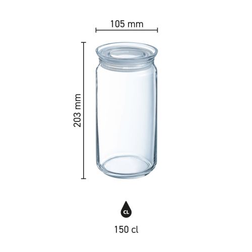 Infografik mit den Abmessungen eines 1,5-Liter-Glasgefäßes mit Deckel, transparentes Lagerglas in der Größenansicht.