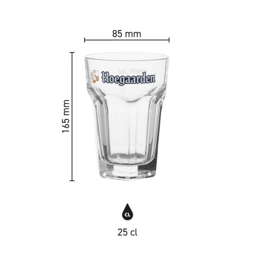 Infografik mit den Produktabmessungen des Bierglas Hoegaarden 25 cl. im Glas, einschließlich Höhe und Durchmesser.