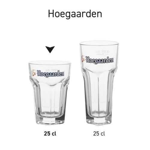 Serie von 25cl Hoegaarden-Biergläsern aus klarem Glas, die als Produktübersicht nebeneinander dargestellt sind.