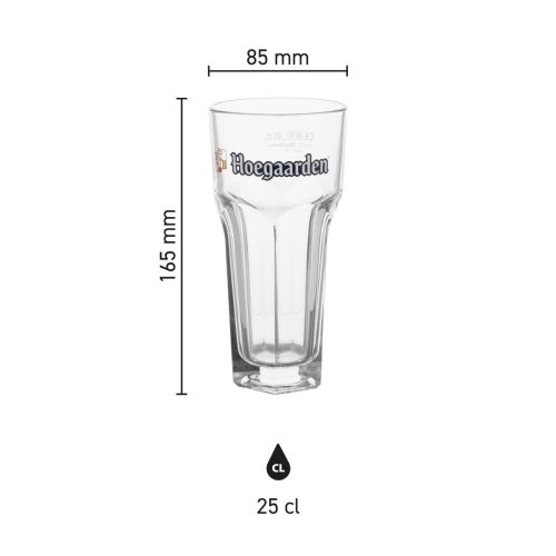 Infografik mit den Produktabmessungen von Hoegaarden Longdrinkglas 25 cl im Glas, einschließlich Höhe und Durchmesser.