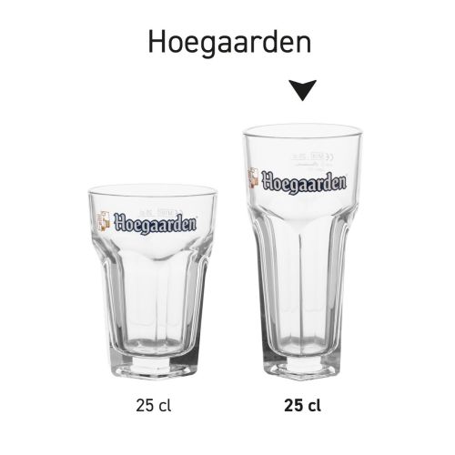 Serie von Hoegaarden-Gläsern 25 cl. in Klarglas, nebeneinander gestellt als Übersicht über mehrere Gläser.