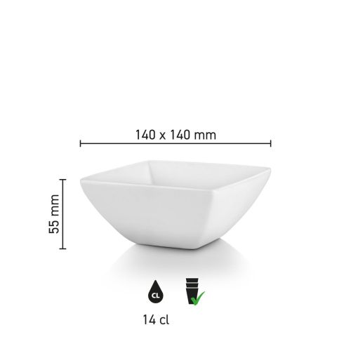Infografik mit den Abmessungen der Schüssel quadratisch Squito 14 cm aus Porzellan.