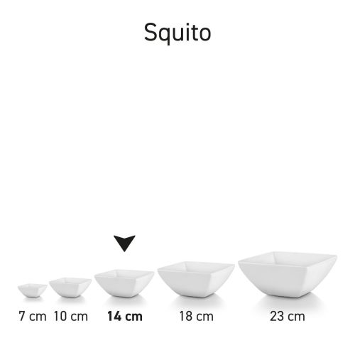 Serie von quadratischen Squito-Schalen aus Porzellan, Übersicht über mehrere zusammen in verschiedenen Größen.