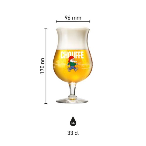 Infografik von La Chouffe Bierglas 33 cl mit Produktabmessungen und klarer Angabe von Höhe und Durchmesser im Glasformat