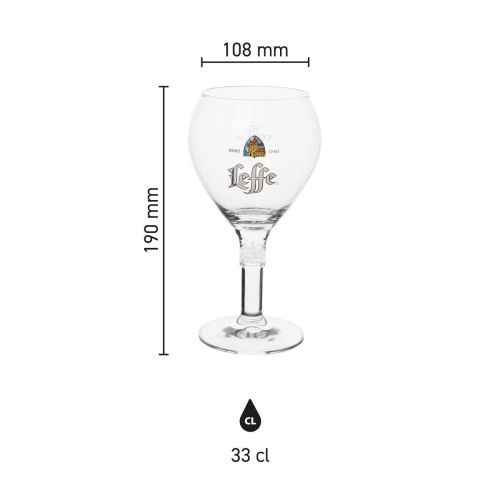 Infografik des Leffe Bierglases 33 cl im Glas mit übersichtlichen Abmessungen wie Höhe und Durchmesser.