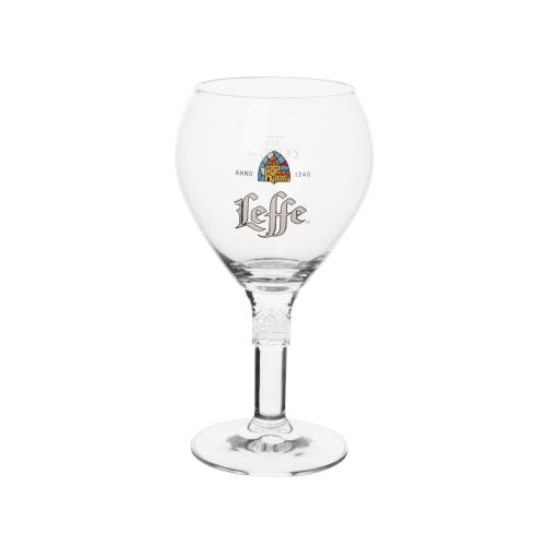 Transparentes 33 cl Leffe Bierglas mit Kelchform und Logo auf der Vorderseite aus Klarglas.