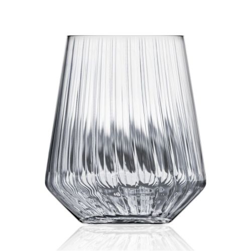 Vorderansicht des Melody lines Bechers 40 cl aus Glas mit dezentem Linienmuster und transparenter Oberfläche.