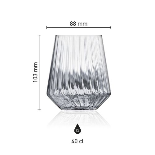 Infografik mit den Abmessungen des Melody lines Becherglases 40 cl. einschließlich Höhe und Durchmesser.