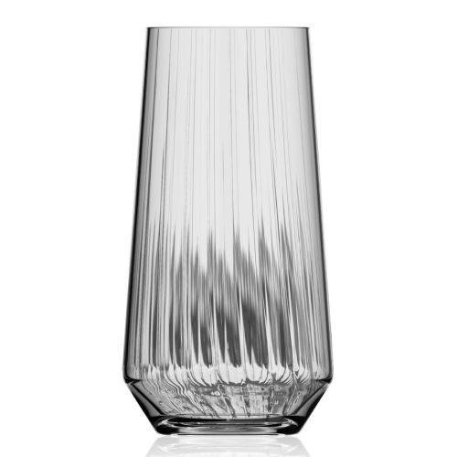 Zylindrisches 45 cl Glas mit strukturierten Linien, Melody lines Becher aus klarem Glas von vorne.