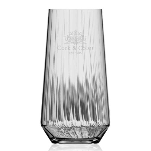 Melody lines tumbler 45 cl. Glas mit Frontansicht des eingravierten CorkColor Logos direkt unter dem Rand.