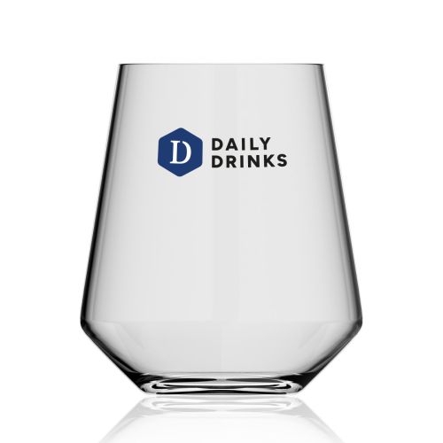 Melody Tumbler 40 cl. aus Glas mit mehrfarbigem DailyDrinks-Logo auf der Vorderseite, dicht zentriert gedruckt.