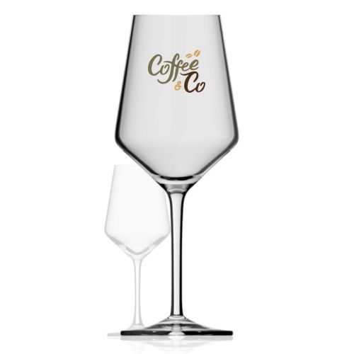 Die Vorderseite des Melody XXL Weinglases ist mit dem CoffeeCo Logo in mehreren Farben bedruckt.