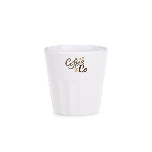 Noble Becher 9 cl. mit mehrfarbigem CoffeeCo-Logo auf der Vorderseite.