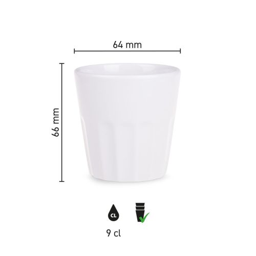 Infografik der Noble Becher 9 cl. Porzellan mit klaren Produktabmessungen und Kapazitätsmaß.