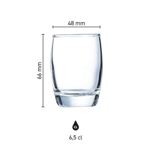 Infografik mit den Produktabmessungen des Salto Schnapsglases 6,5 cl aus Glas, einschließlich Höhe und Durchmesser.