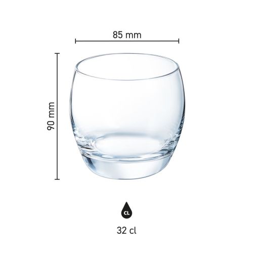 Infografik mit den Produktabmessungen des Salto Bechers 32 cl aus Glas, einschließlich Höhe und Durchmesser.
