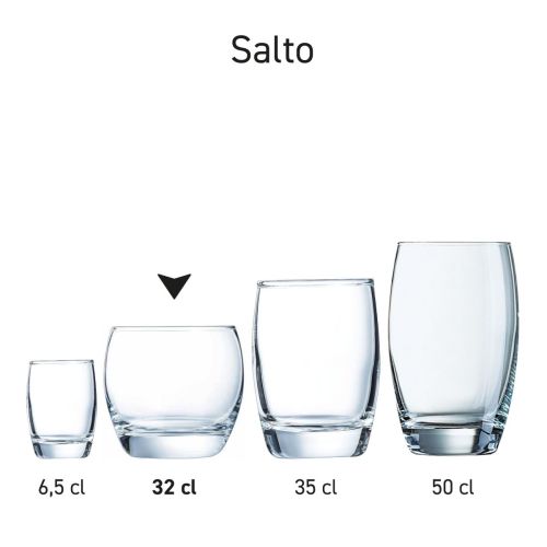 Salto tumbler 32 cl. aus klarem Glas, dargestellt als Glasserie mit mehreren identischen Bechern nebeneinander.