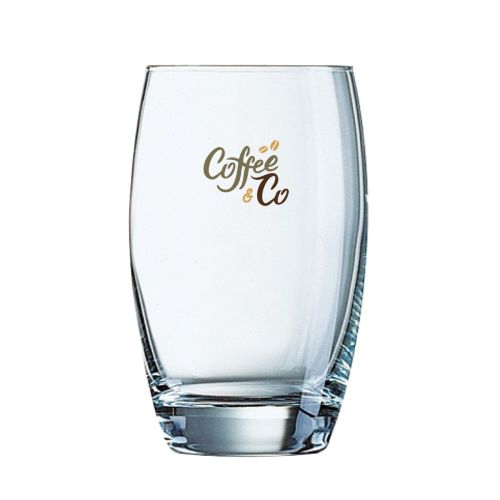 Klarer Salto Tumbler 35 cl Glas mit mehrfarbigem Logo auf der Vorderseite, CoffeeCo Druck.