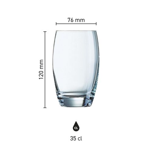 Infografik mit den Produktabmessungen von Salto Tumbler 35 cl Glas einschließlich Höhe und Durchmesser.