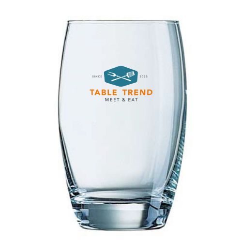 Klarer Salto Tumbler 50 cl Glas mit mehrfarbigem Logo auf der Vorderseite, TableTrend Druck.