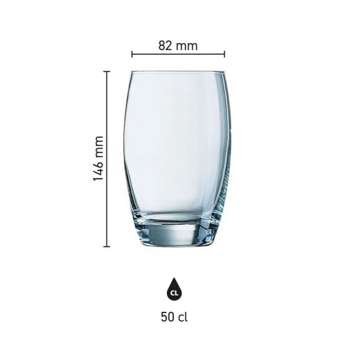 Infografik mit den Produktabmessungen von Salto Tumbler 50 cl Glas einschließlich Höhe und Durchmesser.