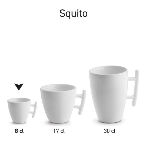 Serie von Squito-Porzellantassen, die ordentlich nebeneinander angeordnet sind.