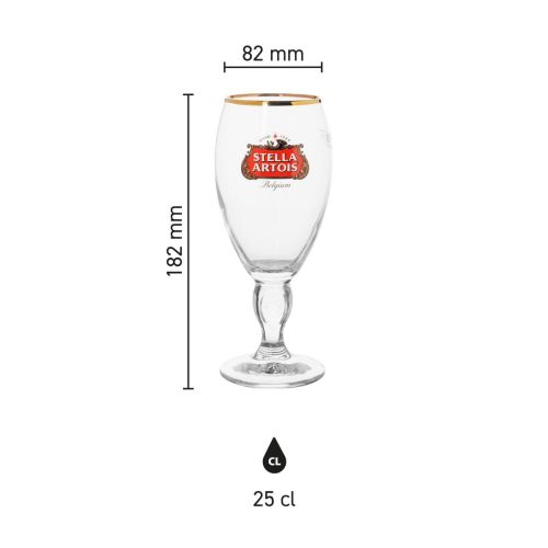 Infografik von Stella Artois Bierglas 25 cl. mit Abmessungen wie Höhe und Durchmesser klar.