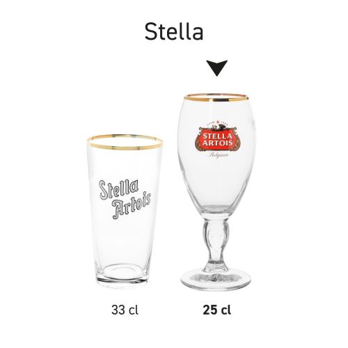 Mehrere Stella Artois-Biergläser mit Logo als einheitliche Serie in transparentem Glas.