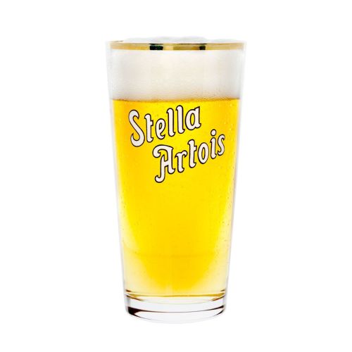 Gefülltes Stella Artois Bierglas 33 cl. mit sichtbarem Logo auf weißem Hintergrund in der Vorderansicht.