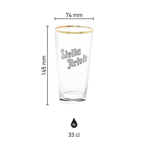 Infografik von Stella Artois Bierglas 33 cl. mit Abmessungen wie Höhe und Durchmesser gezeigt.
