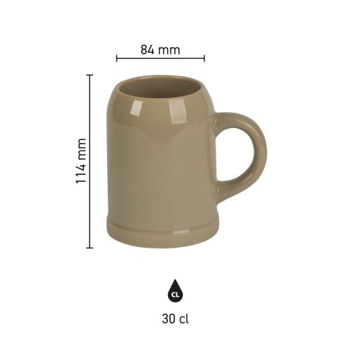 Infografik mit den Produktabmessungen des Steingut-Bierkrugs 30 cl, Übersicht über Höhe und Durchmesser.