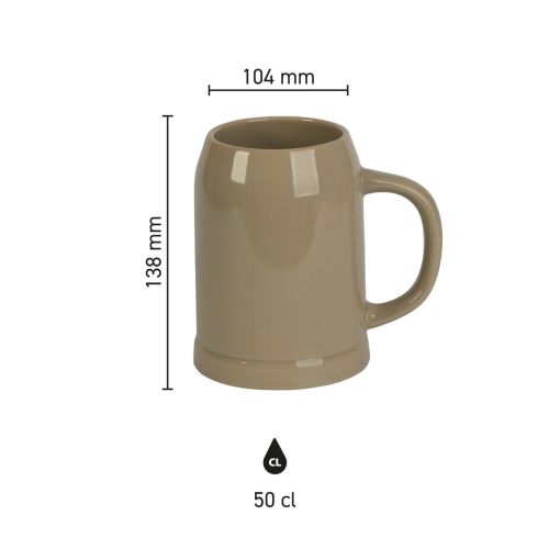 Infografik mit den Produktabmessungen des Steingut-Bierkrugs 50 cl mit Angabe der Höhe und des Durchmessers.