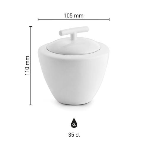 Infografik der Zuckerdose Squito 35 cl aus Porzellan mit Übersicht der Produktabmessungen.