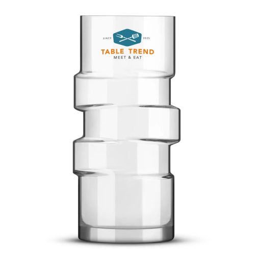 The Glitch Longdrink 40 cl. mit TableTrend Logo in mehreren Farben auf der Vorderseite des Glases.