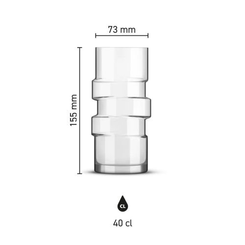 Infografik von The Glitch Longdrinkglas 40 cl mit Abmessungen wie Höhe und Durchmesser klar.