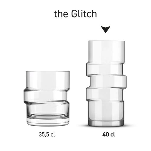 Serie von The Glitch Longdrinkgläsern von 40 cl in transparentem Glas, nebeneinander angeordnet.