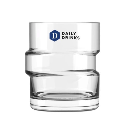 Das Glitch Becherglas 35,5 cl mit DailyDrinks Logo in mehreren Farben auf der Vorderseite.