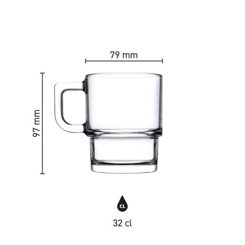 Infografik des Teeglas Hill 32 cl im Glas mit übersichtlichen Produktabmessungen, Höhe und Durchmesser.