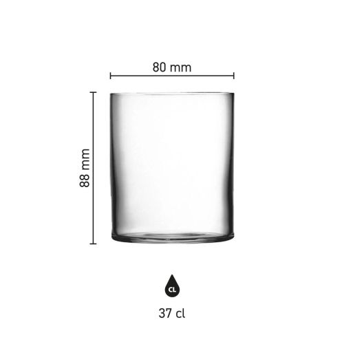 Infografik mit Abmessungen des Top Class Bechers 37 cl, transparentes Trinkglas mit übersichtlicher Größenangabe.