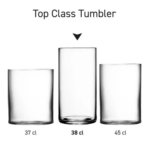 Infografik mit den Abmessungen des transparenten Trinkglases Top Class Tumbler mit übersichtlicher Größenübersicht.