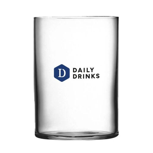 Top Class Tumbler 45 cl aus Glas mit farbigem DailyDrinks-Logo auf der Vorderseite des transparenten Trinkglases.