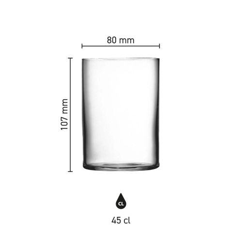 Infografik mit den Produktabmessungen des Top Class Tumbler 45 cl. ein Glasbecher mit abgestuften Maßen.