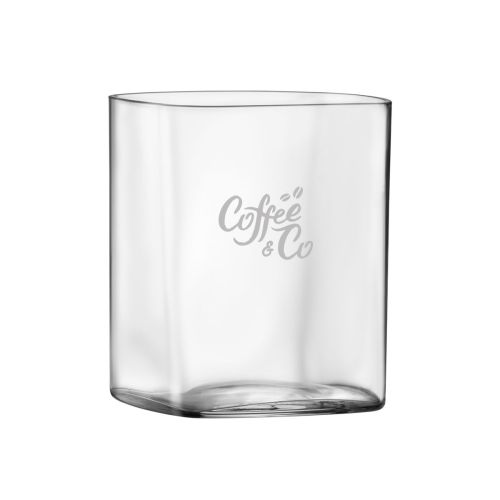 Top Class Tumbler quadratisch 29 cl aus Glas mit farbigem CorkColor Logo auf der Vorderseite des transparenten Glases.