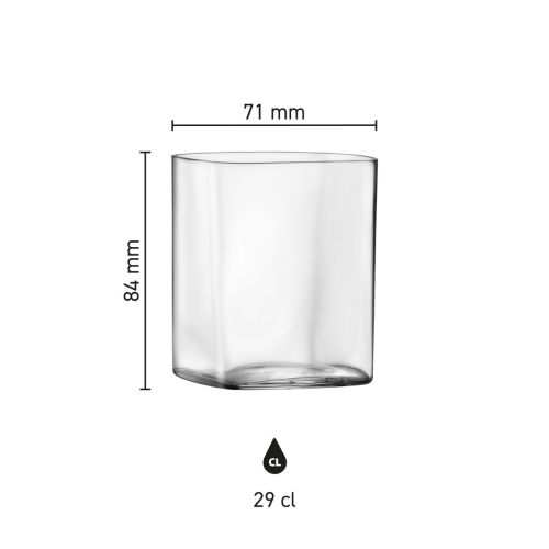 Infografik mit den Produktabmessungen des Top Class Tumbler square 29 cl. abgebildet mit dem Glas Trinkglas.