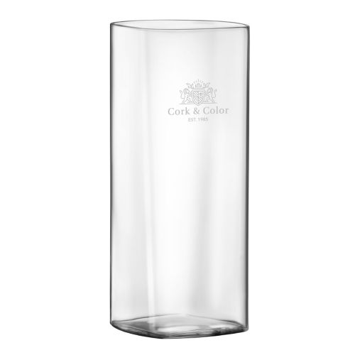 Vorderansicht des Top Class Tumbler quadratisch 41 cl mit dezenter CorkColor Gravur im transparenten Glas.