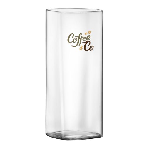 Top Class Tumbler quadratisch 41 cl aus Glas mit CoffeeCo Logo in Farbe auf der Vorderseite des Trinkglases.