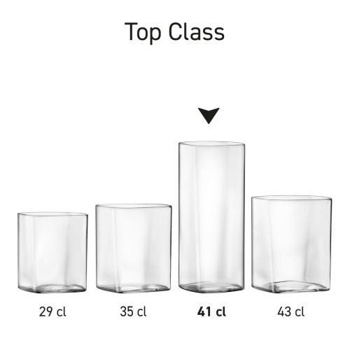 Viereckige Gläser der Serie Top Class Tumbler, dargestellt als mehrere transparente Becher nebeneinander.