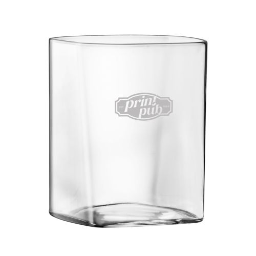 Top Class Tumbler quadratisch 43 cl mit eingraviertem PrintPub-Logo auf der Vorderseite des klaren Tumbler-Glases.